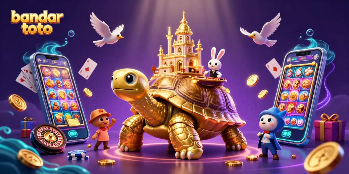 Engage in bandar toto excitement with a vibrant casino scene featuring animated characters and games.