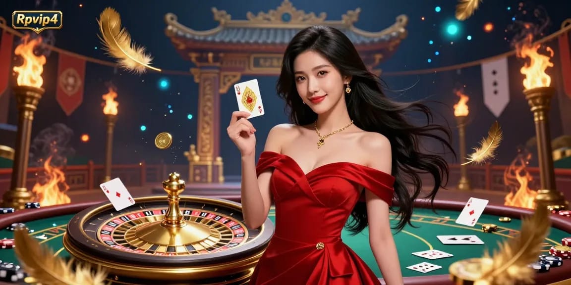 Rasakan permainan yang mendebarkan dengan Rpvip4 saat seorang wanita Asia cantik berpose anggun dengan kartu bermain emas.