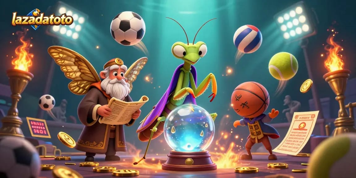 Experience thrilling gameplay and winning moments with lazadatoto's vibrant 3D illustration featuring fortune tellers and sports elements.