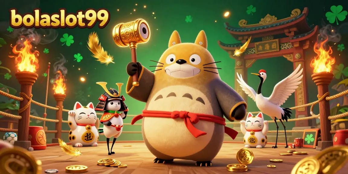Experience the excitement of bolaslot99 with a vibrant 3D casino illustration showcasing lucky symbols and festive characters.