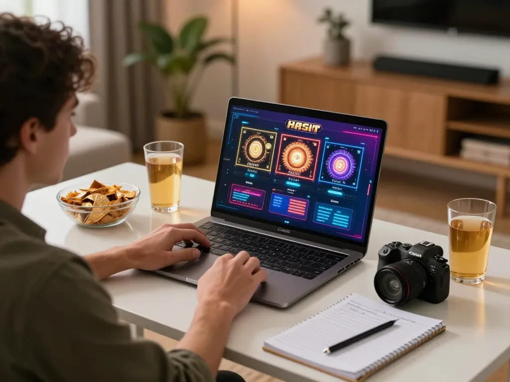 Berpartisipasi dalam aksi Main OKESlot Deposit Qris Tanpa Potongan di laptop, menunjukkan strategi permainan online di rumah