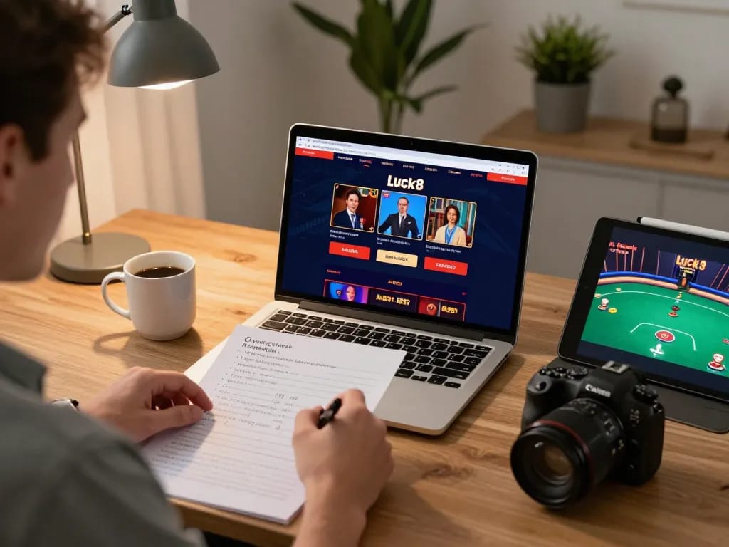 Luck8 user strategizing game play on a laptop, showcasing an engaging online casino experience.