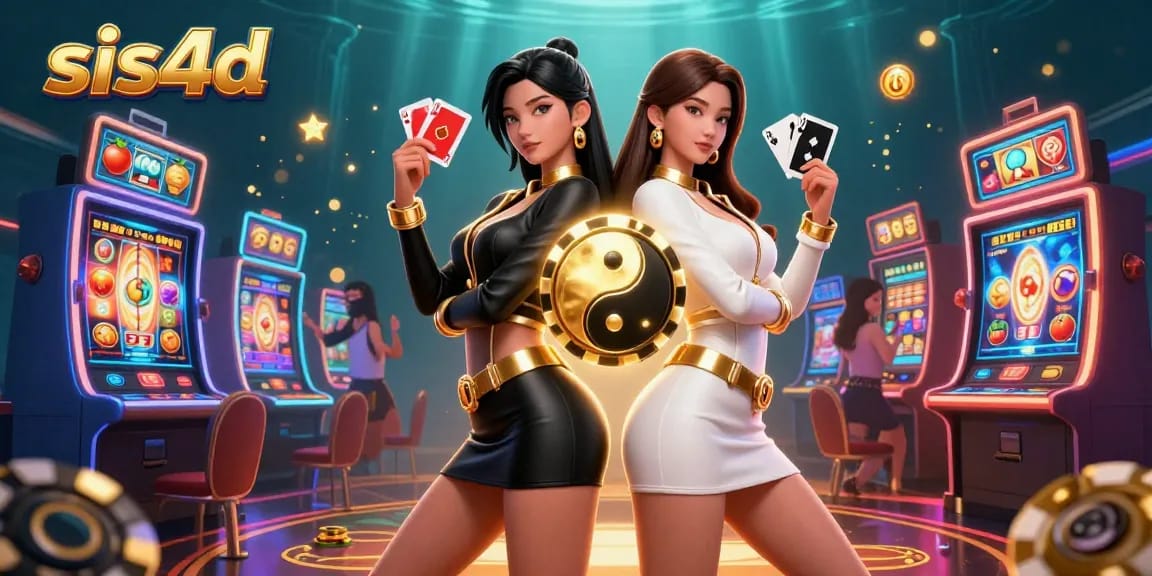 Pengalaman permainan slot Sis4d yang menampilkan dua wanita Asia dengan kartu dan elemen slot yang cerah.