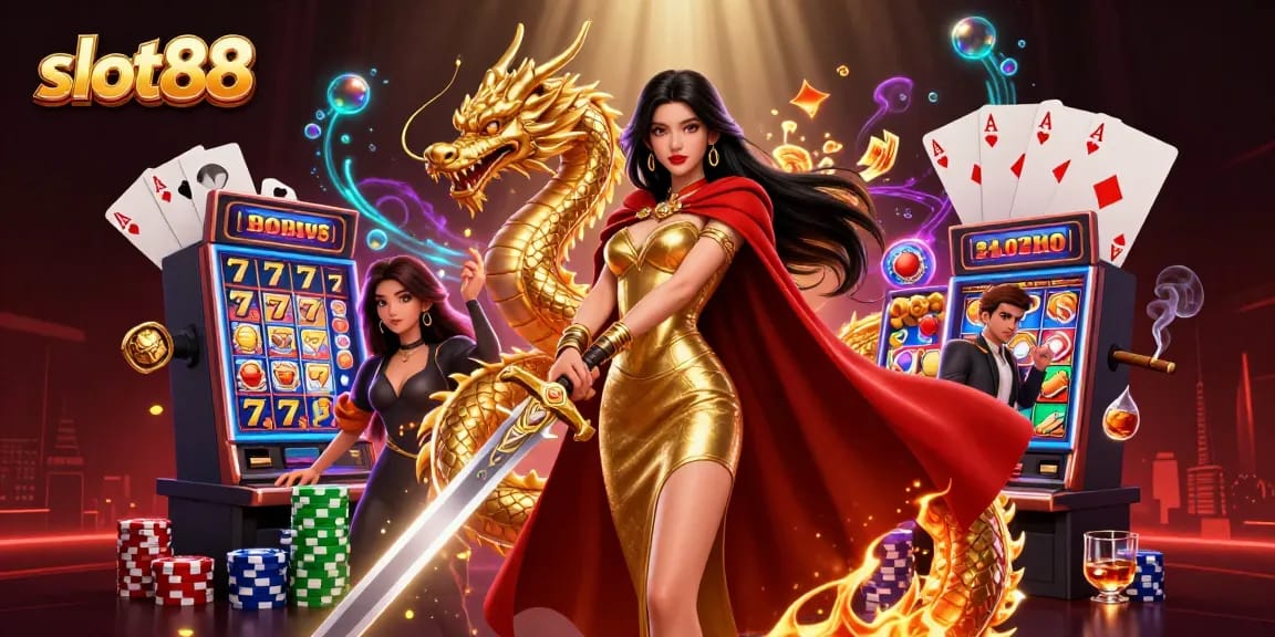 Experience slot88 excitement with jackpot symbols and vibrant game elements in a dazzling casino scene.