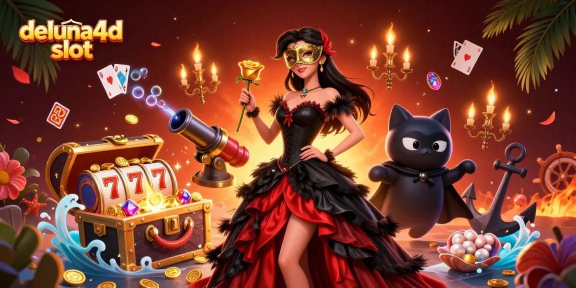 Experience thrilling gameplay at deluna4d slot with a stunning visual illustration of rich casino elements and characters.