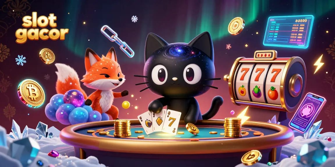 Mengakses slot gacor di kasino dengan karakter kucing hitam dan rubah nebula, dikelilingi elemen permainan menarik.
