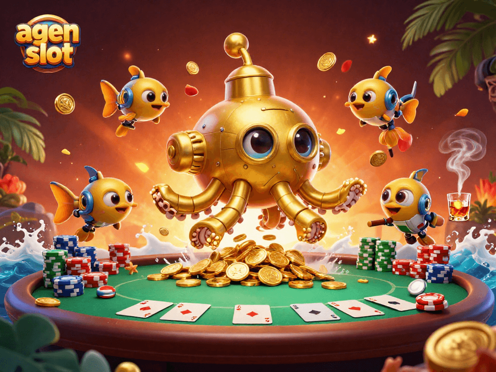 Menangkan permainan agen slot dengan ilustrasi kraken emas dan tumpukan chip poker berwarna-warni.