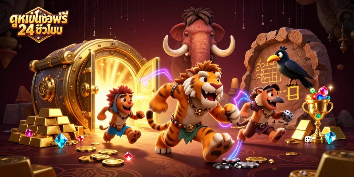 Engage in ดูหนังออนไลน์ฟรี 24 ชั่วโมง with a vibrant scene of a prehistoric casino featuring unique characters and elements.