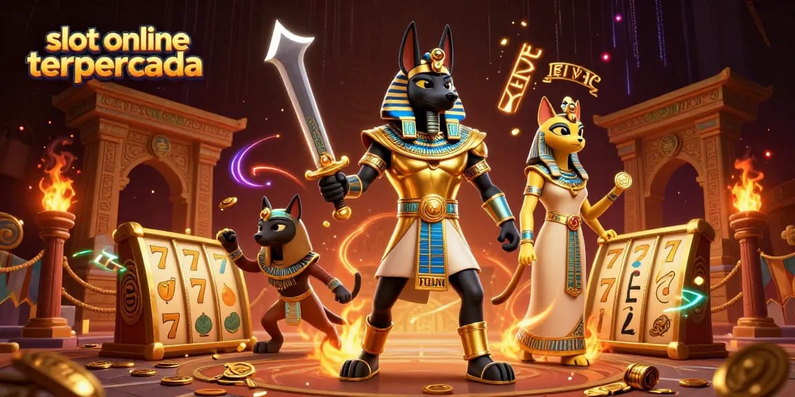 Win big with slot online terpercaya featuring ancient warriors and golden slot reels in an epic casino scene.