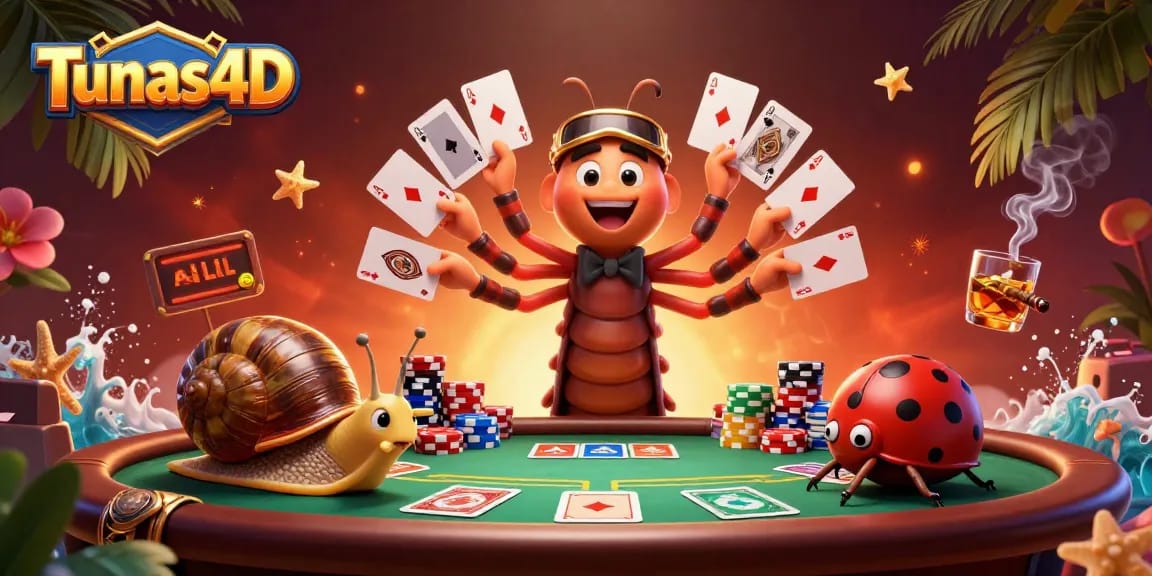 Tunas4D menawarkan pengalaman menang di meja poker dengan dealer dan banyak chip warna-warni.