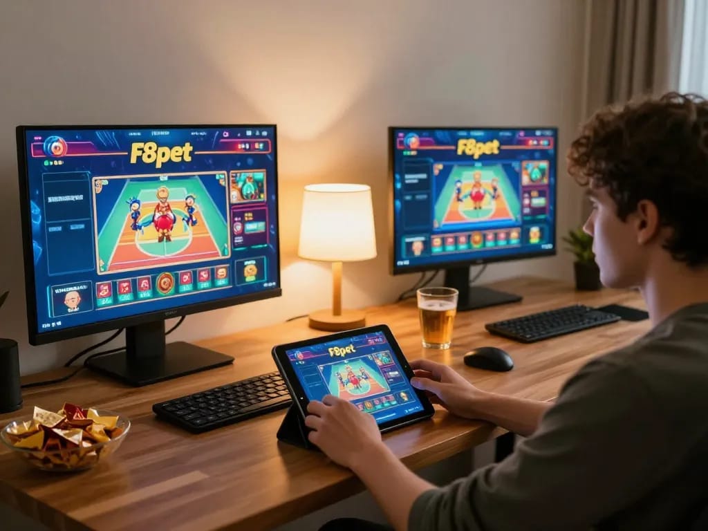 Engaged player enjoying F8pet online gaming on a cozy tablet setup in a stylish living room