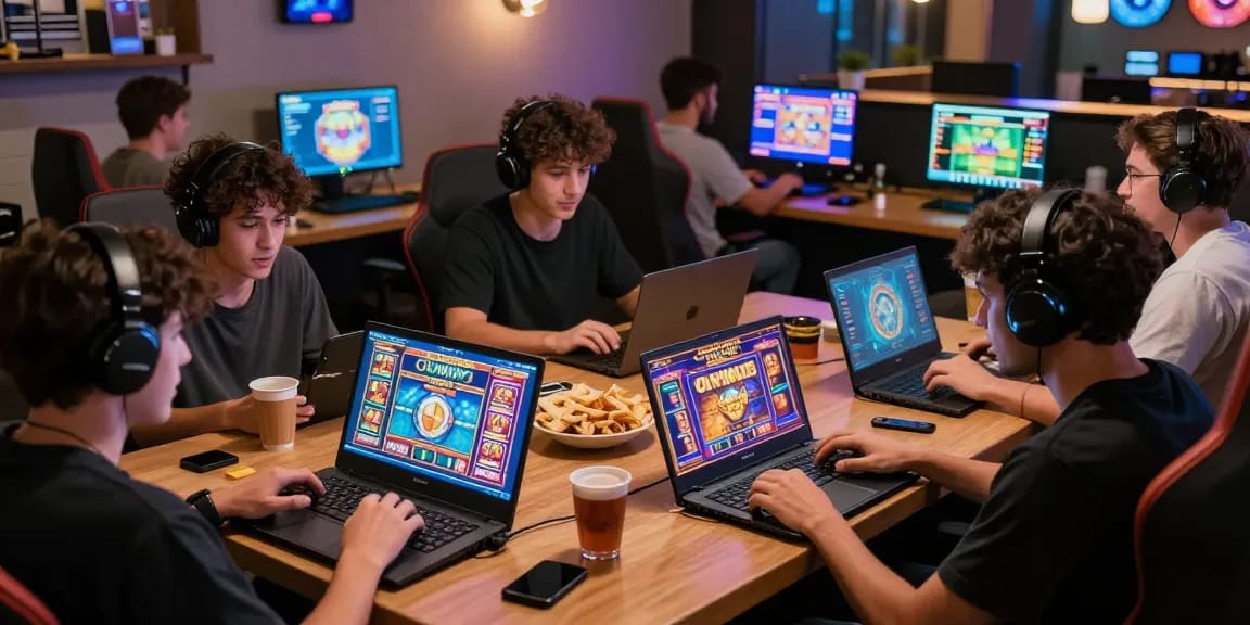 Exciting pakhoki online gaming scene with players enjoying vibrant slot games on laptops and mobiles.