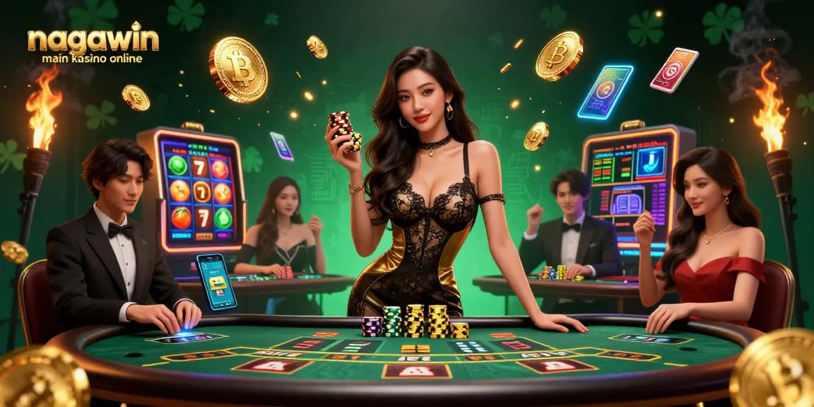 Experience the thrill of nagawin main kasino online with VIP baccarat tables, golden chips, and vibrant slot elements.