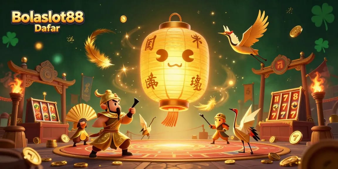 Bolaslot88 Daftar captures a vibrant casino scene with golden lantern spirit and slot elements for gambling enthusiasts.