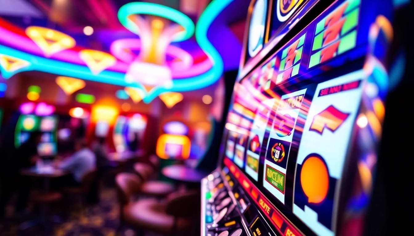 Slot mesin yang menarik dengan cahaya berkilau di kasino, menciptakan suasana bermain yang meriah.
