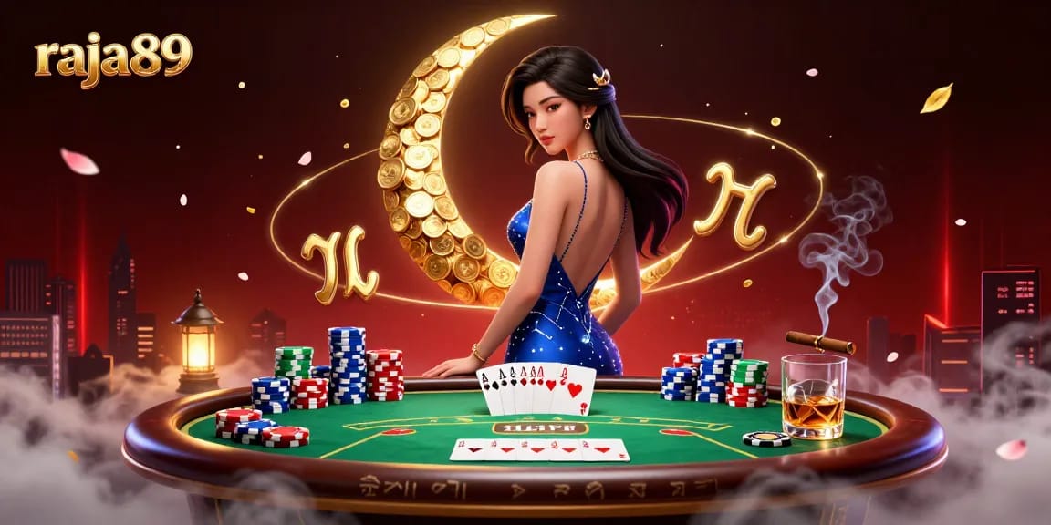 Engage in thrilling poker action with raja89's luxurious game scene featuring vibrant chips and cards.