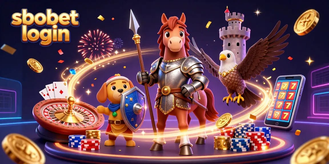 Experience sbobet login with a dynamic casino scene, featuring a knight, puppy, and falcon amidst flying coins.