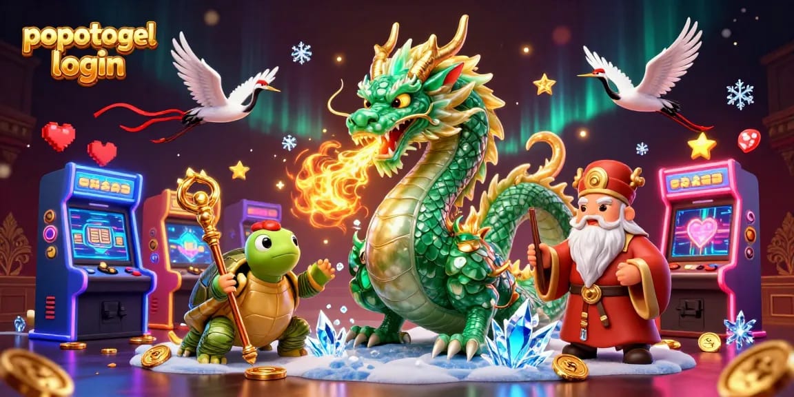 Engage with the excitement of popotogel login, featuring a dragon, turtle sage, and lucky cranes in a vibrant casino setting.