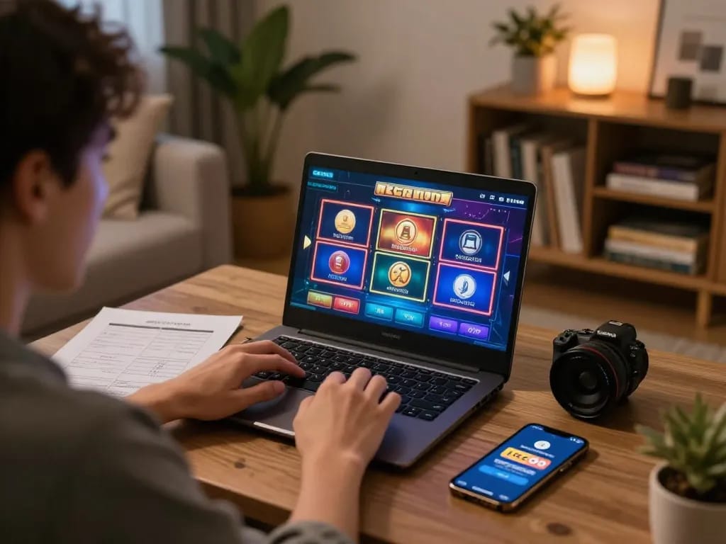 LGO99 Situs Game Online Terpercaya Di INDONESIA menampilkan pengaturan permainan slot rumah yang menarik dengan layar berwarna-warni dan catatan strategi.