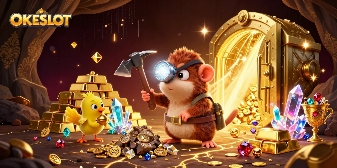 Menangkan permainan SLOT utama di OKESLOT dengan ilustrasi menarik mole penambang yang dikelilingi harta karun.