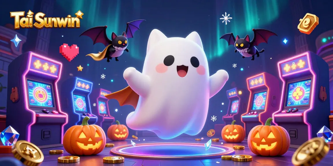 Engage in thrilling gameplay with Tải Sunwin, featuring a friendly ghost cat and a vampire bat in a vibrant casino.