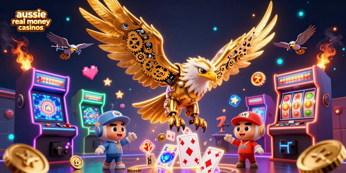 Experience the thrill of aussie real money casinos with animated golden eagle flying through casino-themed elements.