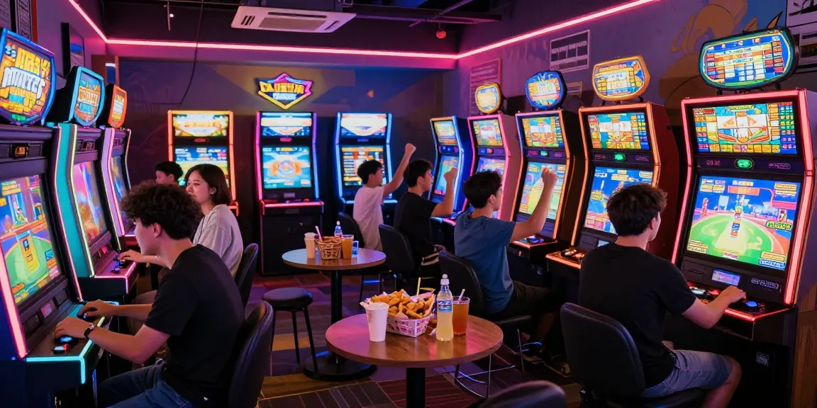 Permainan slot BOS88 yang seru dengan pemain merayakan kemenangan di ruang arcade yang hidup.