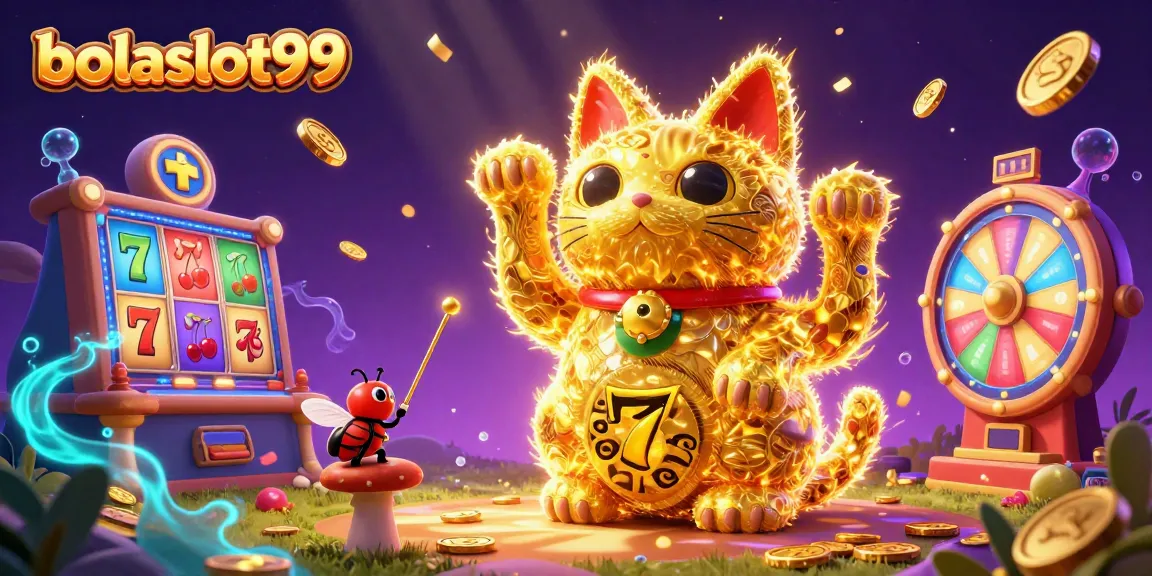Experience the thrill of bolaslot99 with a dazzling lucky cat and dynamic slot symbols in vibrant action.