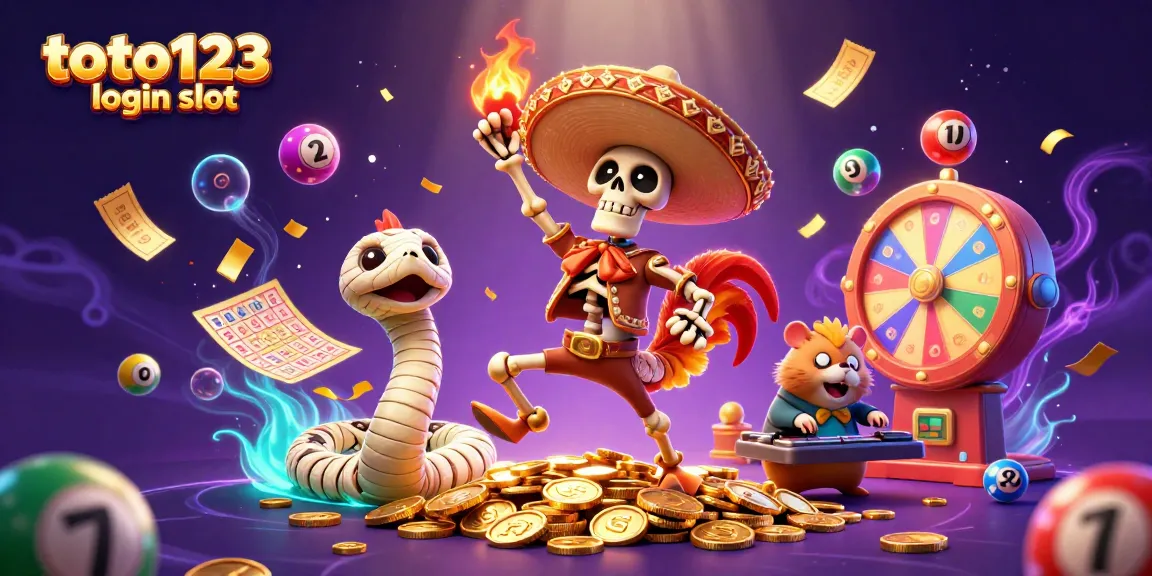 Toto123 login slot celebrates lottery excitement with vibrant characters amidst a dynamic casino scene.