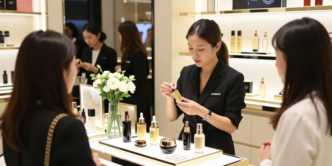 Presentasi produk skincare LUXURY12 di butik mewah dengan suasana elegan.