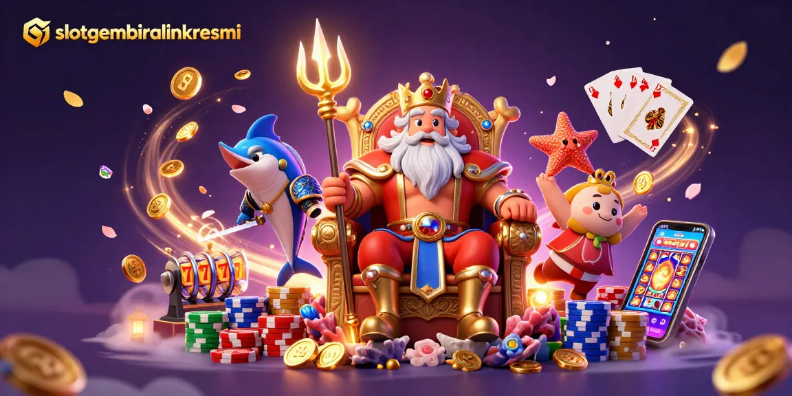 Slotgembiralinkresmi menghadirkan ilustrasi kasino dengan Raja Neptunus dan simbol keberuntungan.