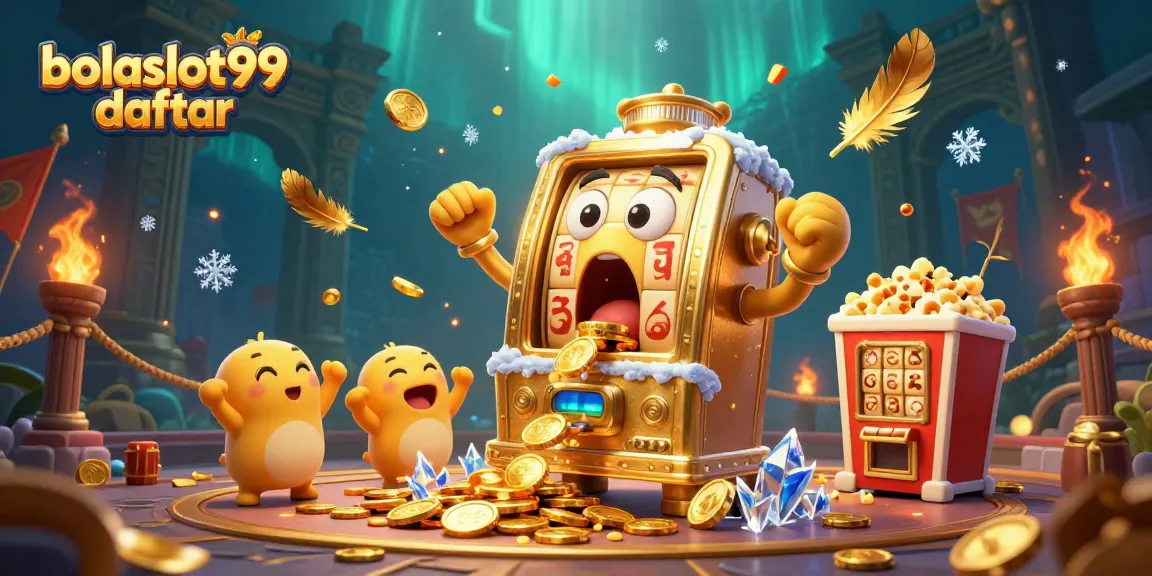 Bolaslot99 daftar animated scene with a golden slot machine, baby slots cheering, and a popcorn machine; jackpot celebration.