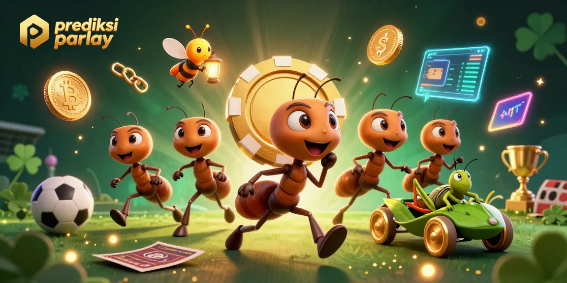 Experience prediksi parlay excitement with ants on a heist, symbols of sports and crypto in action.