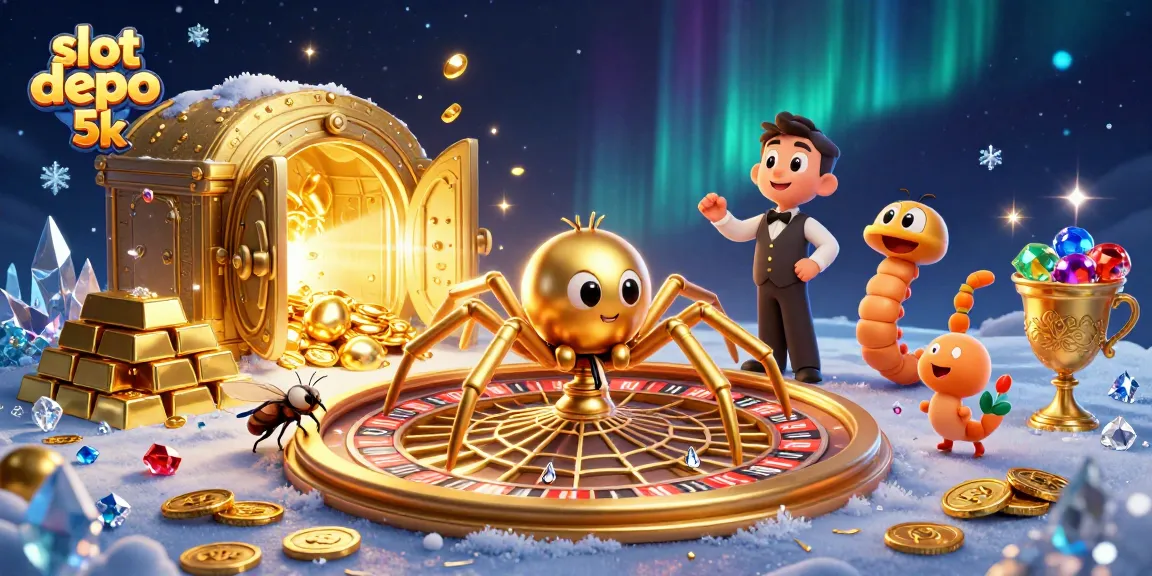 Experience thrilling wins at slot depo 5k with a colorful and vibrant 3D casino illustration.