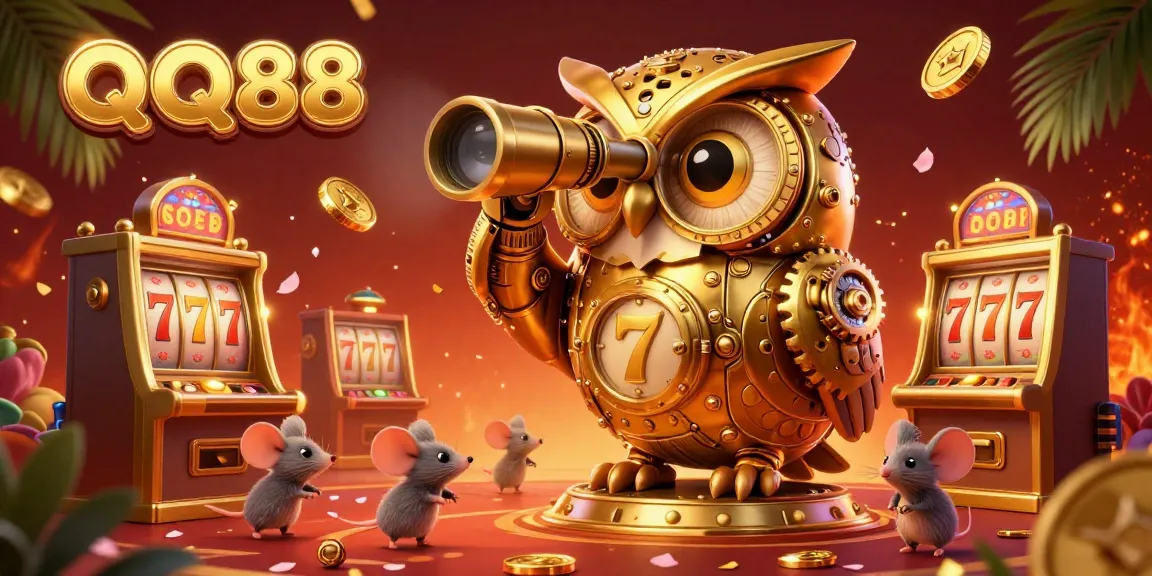 Engage with QQ88's immersive casino scene showcasing a golden clockwork owl and lively slot machines.