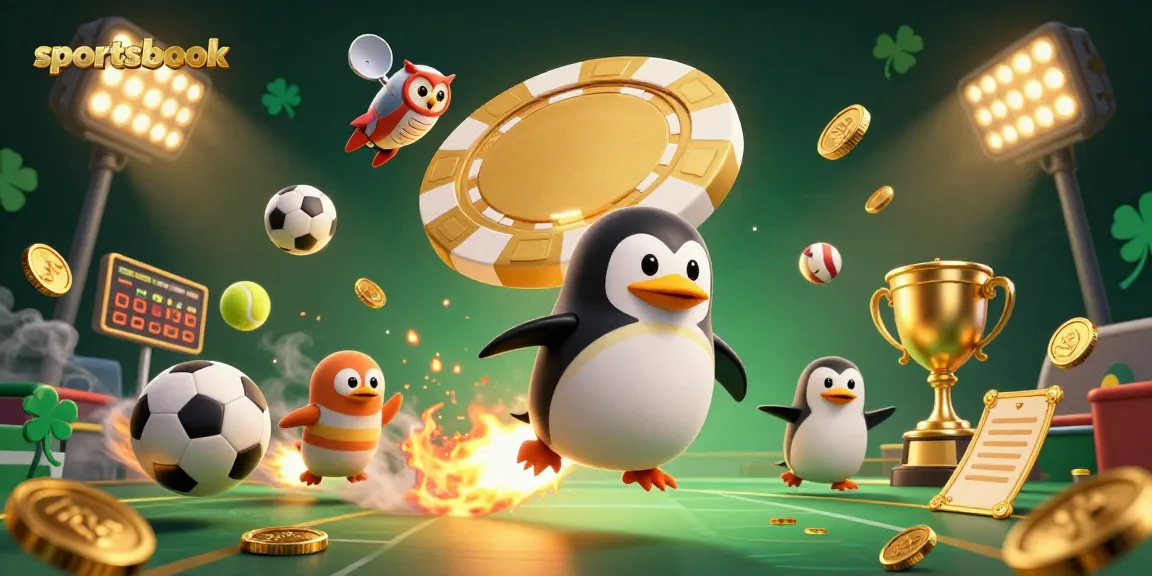 Bet on sportsbook with a golden penguin soaring past sports elements in outer space