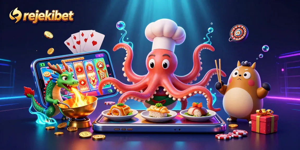 Engage with rejekibet in this vibrant 3D illustration, featuring dynamic slot games and lucky characters
