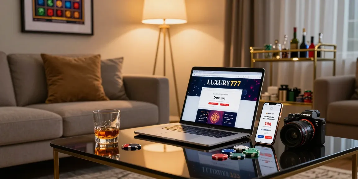 Pengaturan perjudian online mewah dengan LUXURY777 Daftar di laptop dan suasana nyaman di ruang tamu.