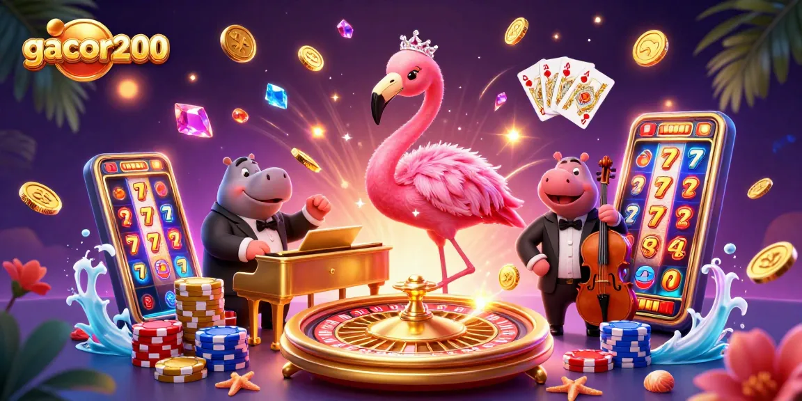 Ilustrasi kasino 3D gacor200, menampilkan penyanyi flamingo dengan piano emas dan hippo bassis di lingkungan penuh koin dan permata.