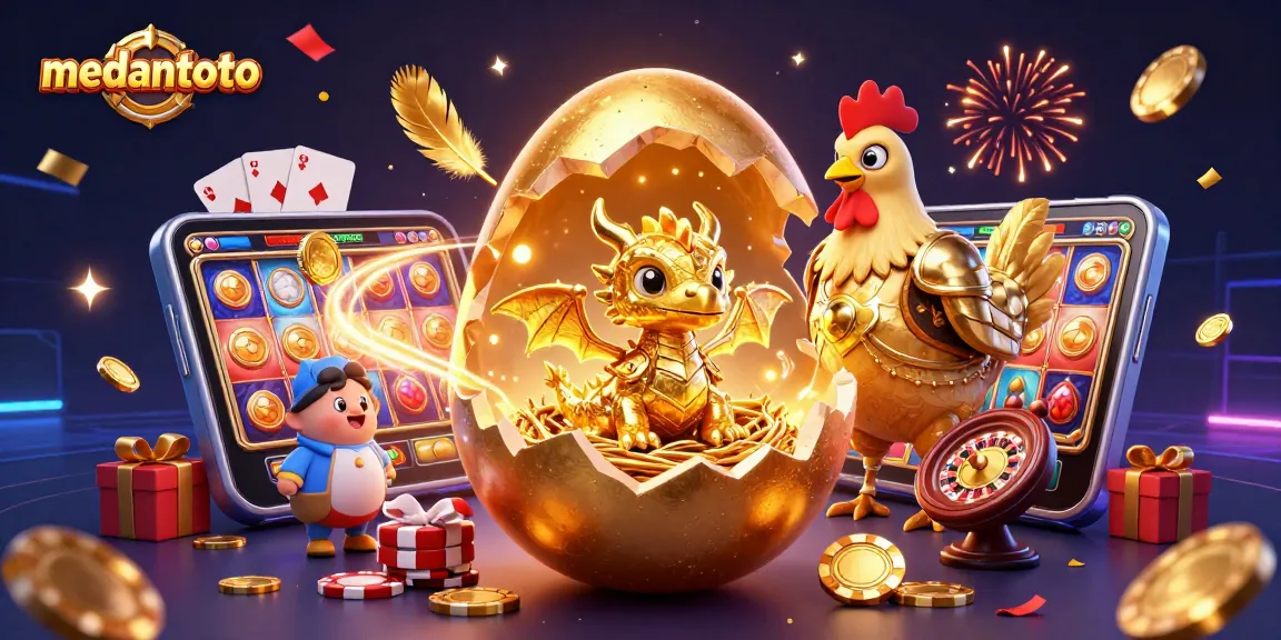 Medantoto menghadirkan adegan menakjubkan dengan telur emas besar yang pecah dan naga kristal yang menang di atas chip poker.