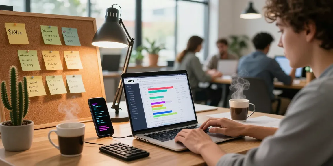 Web developer analyzing website performance using the Wix SEO tool in a vibrant co-working space.