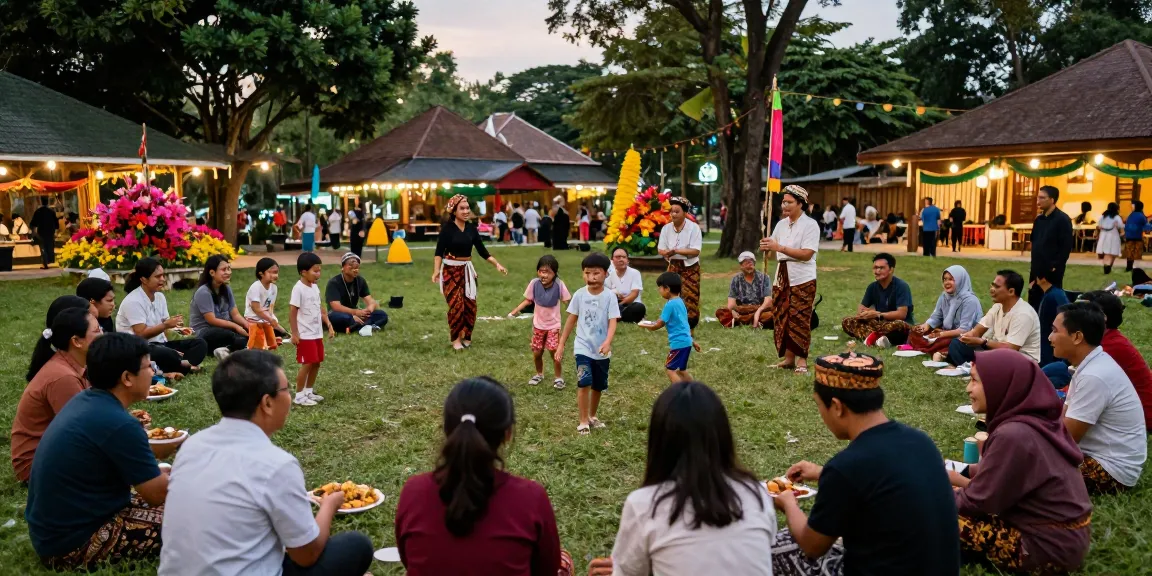 Acara komunitas Leci123 di taman, keluarga menikmati makanan tradisional dan berbagi cerita.