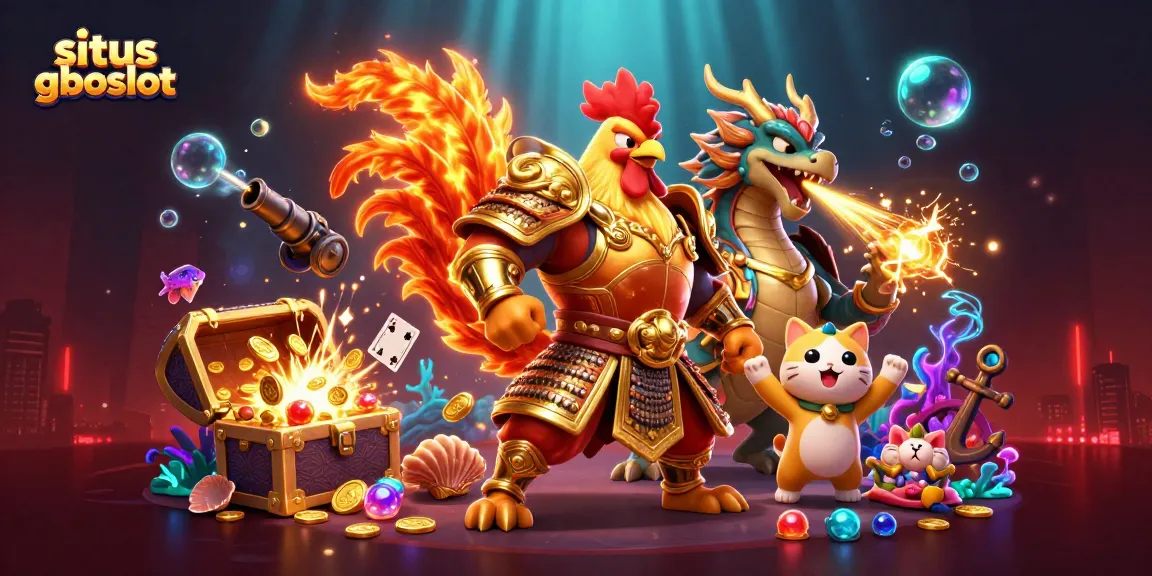 Situs gboslot menghadirkan ilustrasi 3D fantastis yang memukau dengan karakter ayam petarung dan naga menyala.