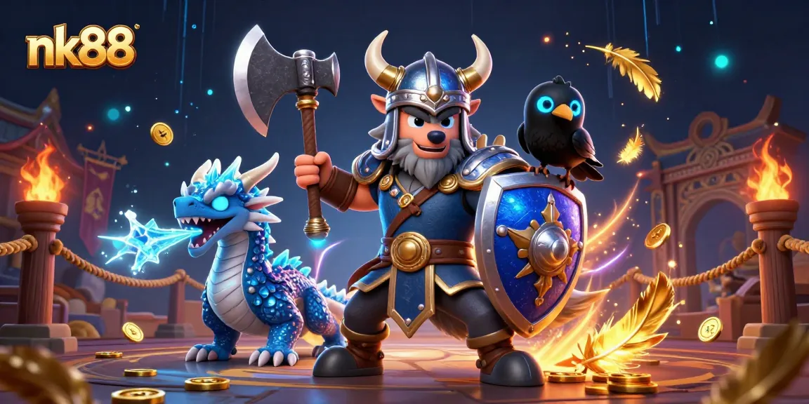 Win big at nk88 casino with a thrilling scene of a warrior, dragon, and raven in action.