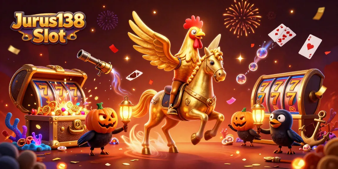 Spin to win on the Jurus138 Slot with golden rooster riding through a magical casino.