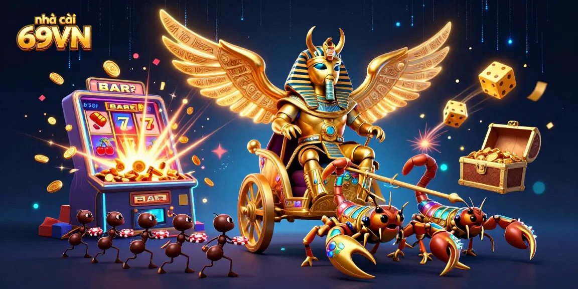 Experience thrills with nhà cái 69VN in this vibrant casino scene featuring dynamic gaming elements and characters.