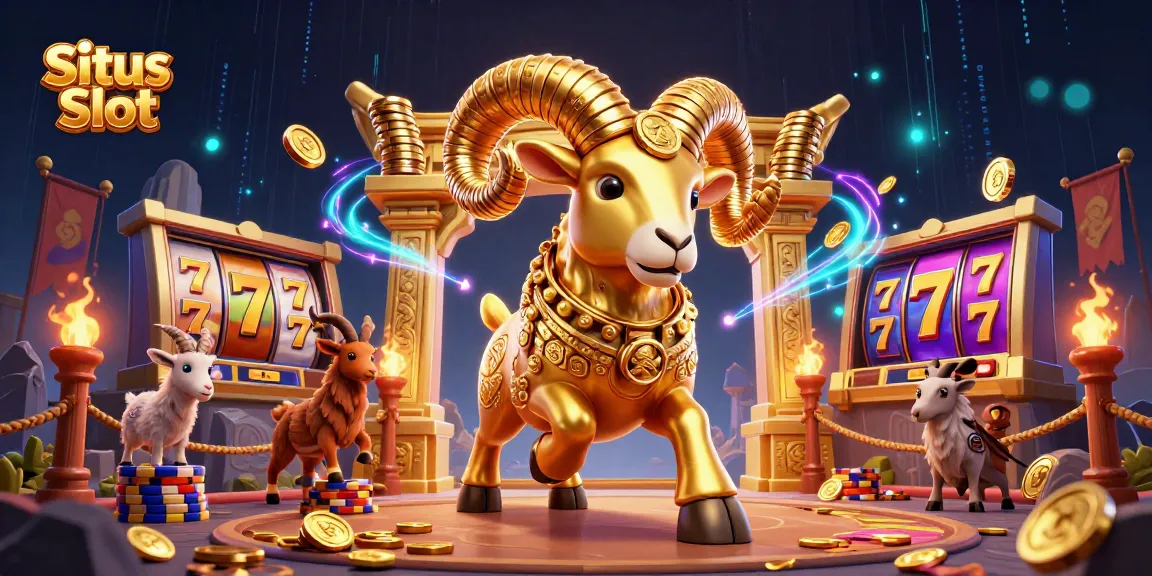 Engage with Situs Slot's exciting world featuring a golden ram charging with slot elements and vibrant details.