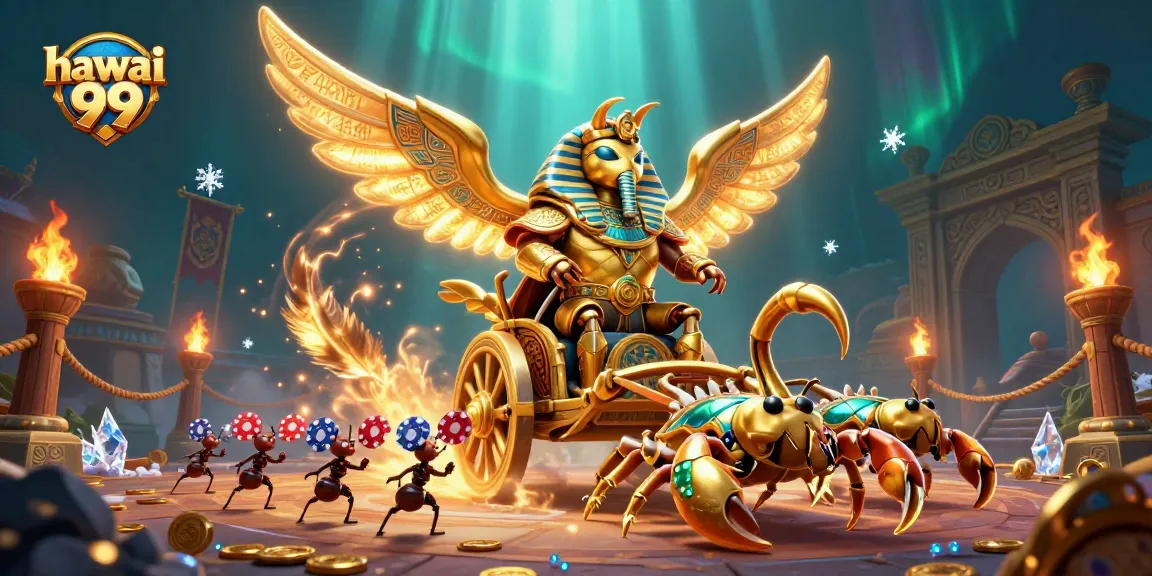 Engage with hawai 99's vibrant casino action featuring a golden scarab and scorpions.