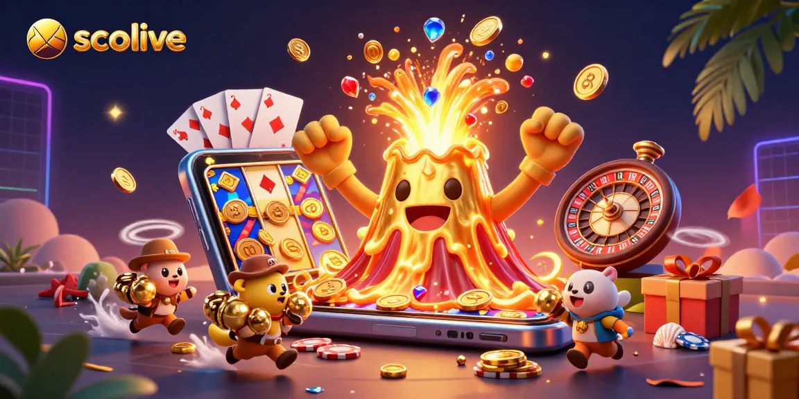 Socolive offers a thrilling animated view of a golden volcano erupting coins and treasures in an exciting casino scene.