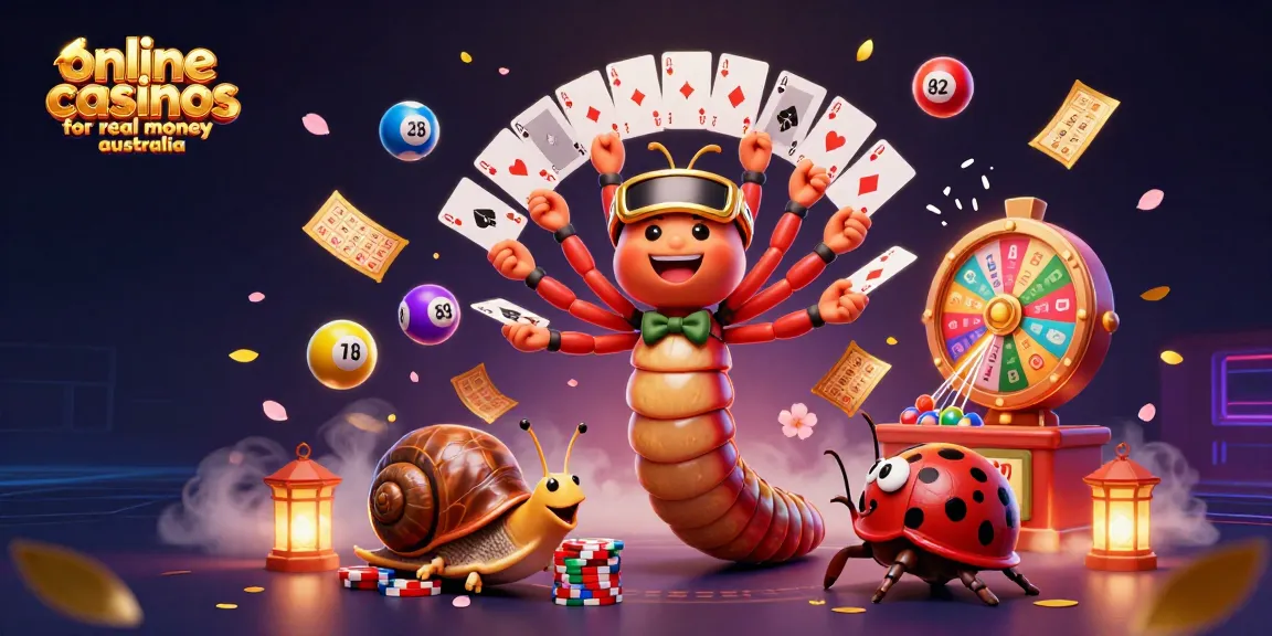 Engaging scene showcasing online casinos for real money Australia with colorful characters, dynamic gambling elements.